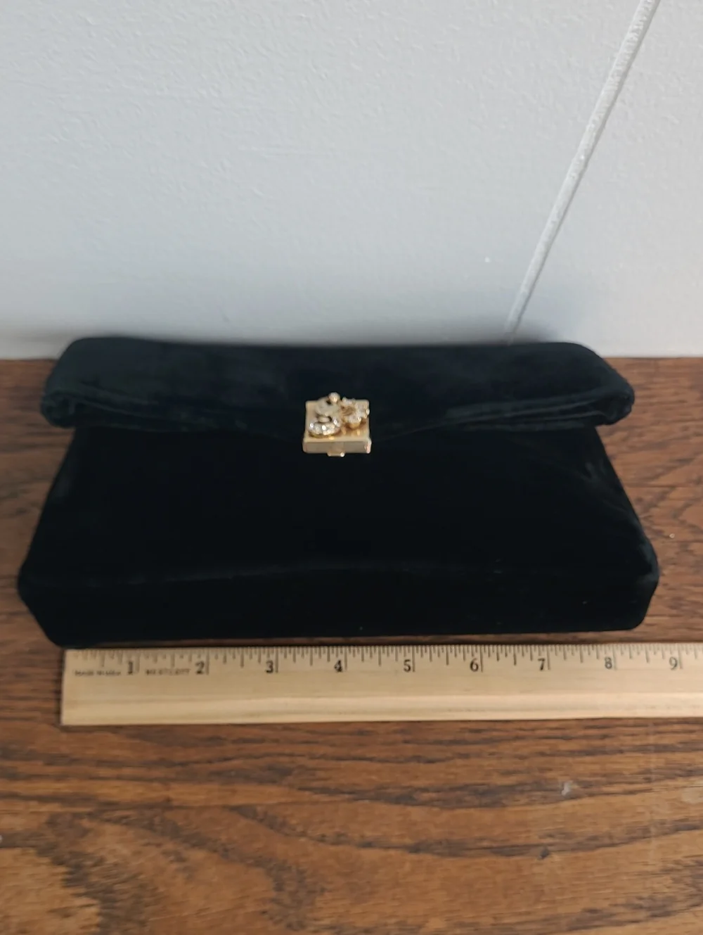 Garay Vintage Black Velvet Evening Clutch with Gold Tone Clasp and Embellishment